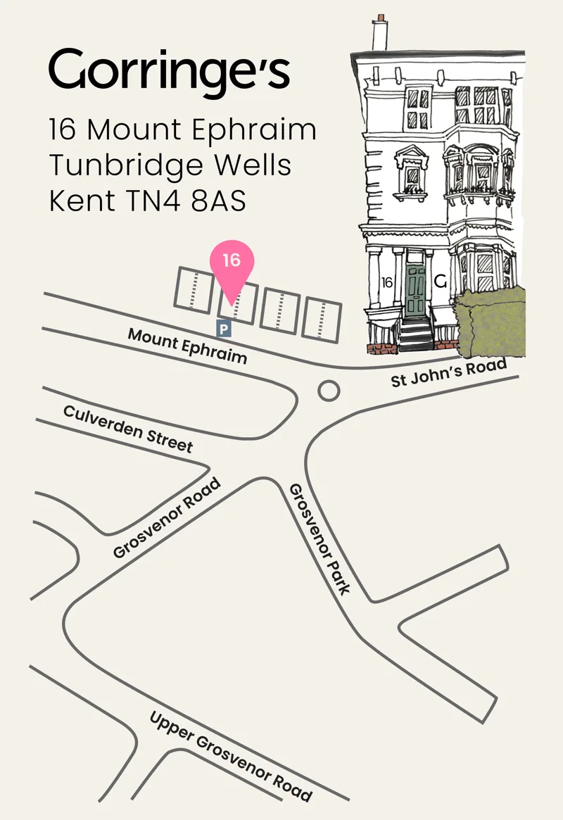 Gorringe's map of its new Tunbridge Wells office at 16 Mount Ephraim, showing the building and parking bays on Mount Ephraim near the roundabout with St John's Road, with Culverden Street, Grosvenor Road and Grosvenor Park below