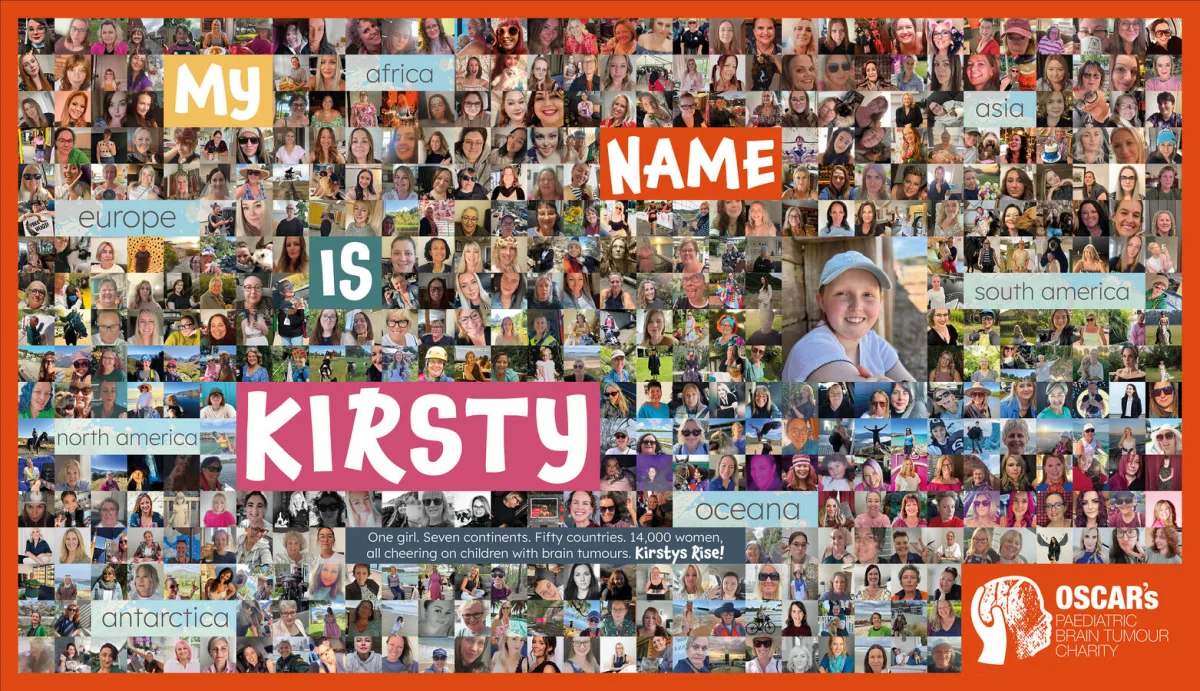 Kirsty Waugh at the centre of her campaign's poster of the namesakes she has found around the world