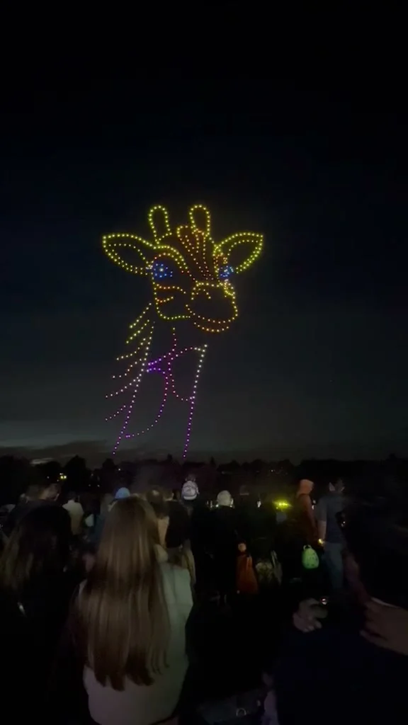 A giraffe's head and neck drawn in yellow and purple drone lights over the crowd at Dunorlan Park