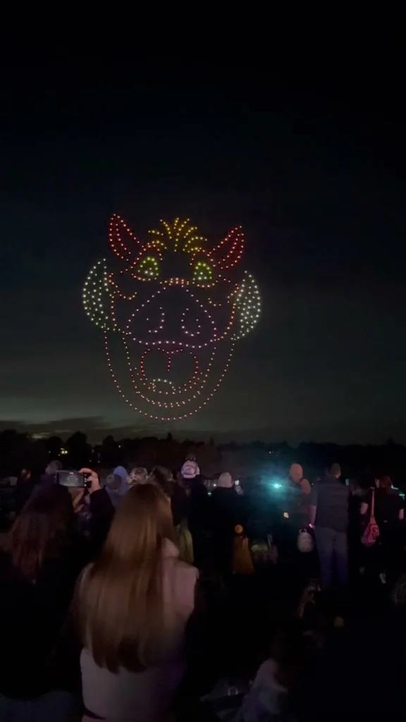 A horned animal's face drawn in red, orange and green drone lights above the audience